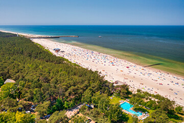 Aerial landscape of the summer beach in Leba at Baltic Sea, Poland.