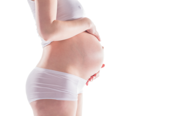 Pregnant woman touching her belly with love and care. Isolated on transparent white background.