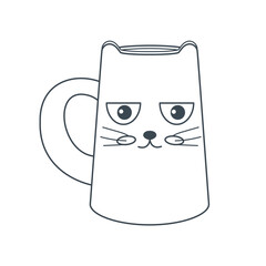 Dishes. A yellow mug in the shape of a cute cat. Line art.