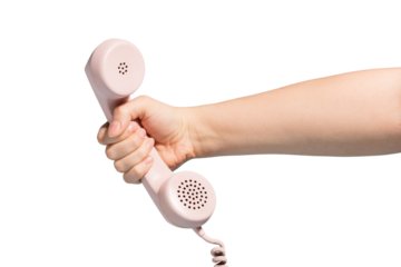 Answering phone call. Vintage telephone painted in pink, isolated on transparent background