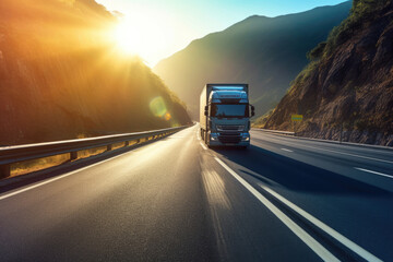 Low - angle shot of a cargo truck driving on a highway, capturing the power and scale of the vehicle. Generative AI