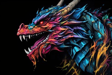 Obraz na płótnie Canvas Mystical Urban Graffiti Art of a Dragon on a Black Background - A Tale of Fantasy and Mythology, Generative AI