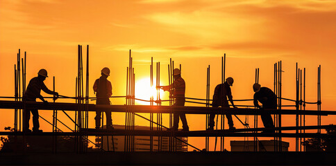 Silhouettes of engineers or construction builder workers on building site. Scaffolding visible against yellow orange sunset sky in evening. Generative AI