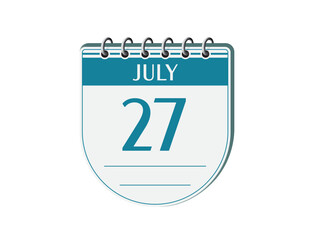 27 july round retro calendar page vector. 3d one day calendar, date appointment, business planner, event reminder illustration. Abstract three dimensional daily date calendar. 