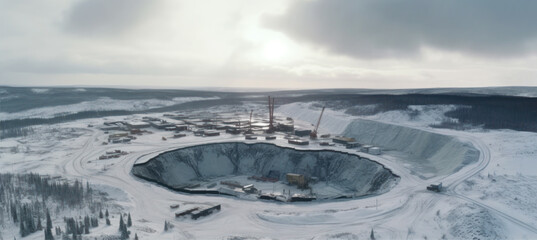 Aerial view of large surface mine, circular hole in ground, snow covered landscape overcast day - natural resources mining concept. Generative AI