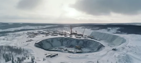 Foto op Plexiglas Lichtgrijs Aerial view of large surface mine, circular hole in ground, snow covered landscape overcast day - natural resources mining concept. Generative AI