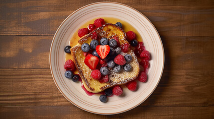 French toast in white plate with many berry fruits top down view