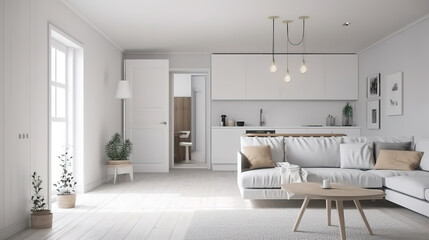 Obraz na płótnie Canvas Elegant living room with gray sofa and yellow armchair, interior design ideas. Generative Ai