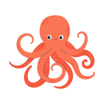 Cute smiling octopus isolated on white background. Funny underwater red animal with eight tentacles. Childish character. Colored flat cartoon vector illustration