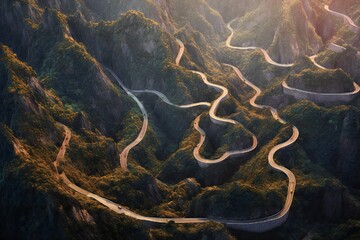 Aerial view of twisty road in the mountains Generative AI