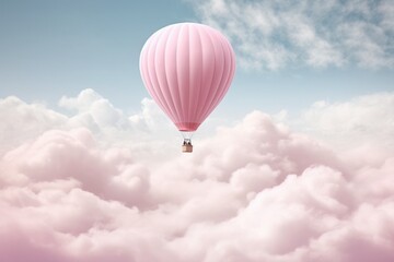 Obraz premium a pink hot air balloon soaring through a fluffy cloud-filled sky