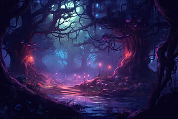 Obraz premium Gloomy fantasy forest scene at night with pink glowing lights