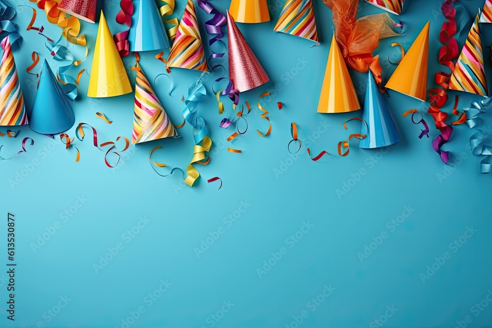 Poster multi-colored cones with creative patterns and bright ribbons on light blue background