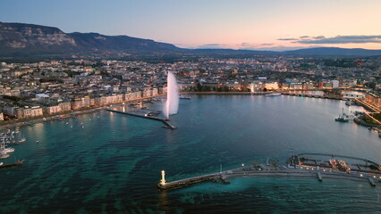 Aerial view at Geneva Water Fountain in Geneva Lake, Switzerland.