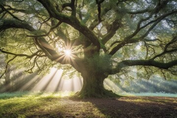 Obraz premium Illustration of a majestic tree with rays of sunlight shining through its branches, Generative AI