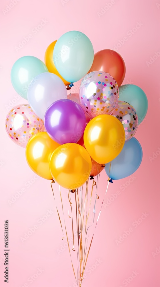 Poster Bunch of multi-colored inflatable balloons reflecting bright light attached to long strings