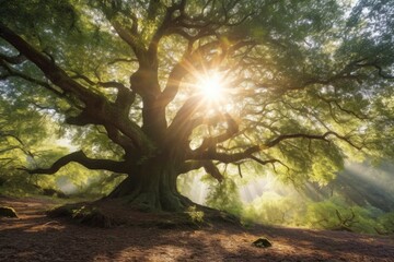 Fototapeta premium Illustration of sun rays filtering through the foliage of a majestic tree, Generative AI