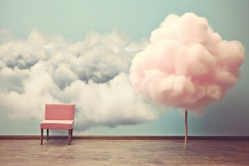 Concept, a pink chair against a pink cloud background