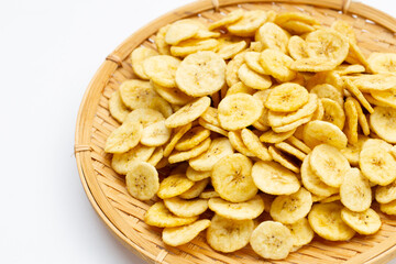 Banana slice chips on white background.