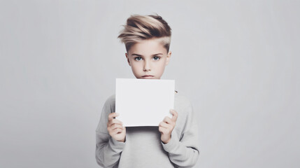 Naklejka premium A child holds a blank, writable mock-up sign in his hand