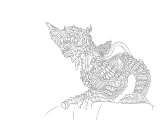 Illustration drawings of Singha statues in Thai mixed Chinese style