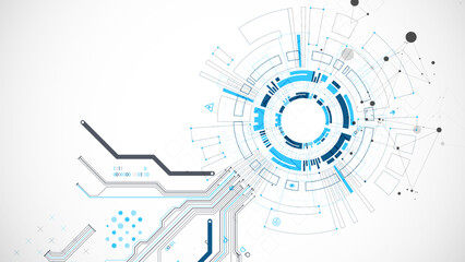 Abstract background with plexus effect. Scientific and technological concept with the use of technical elements formed in the shape of a circle.