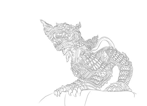 Illustration drawings of Singha statues in Thai mixed Chinese style