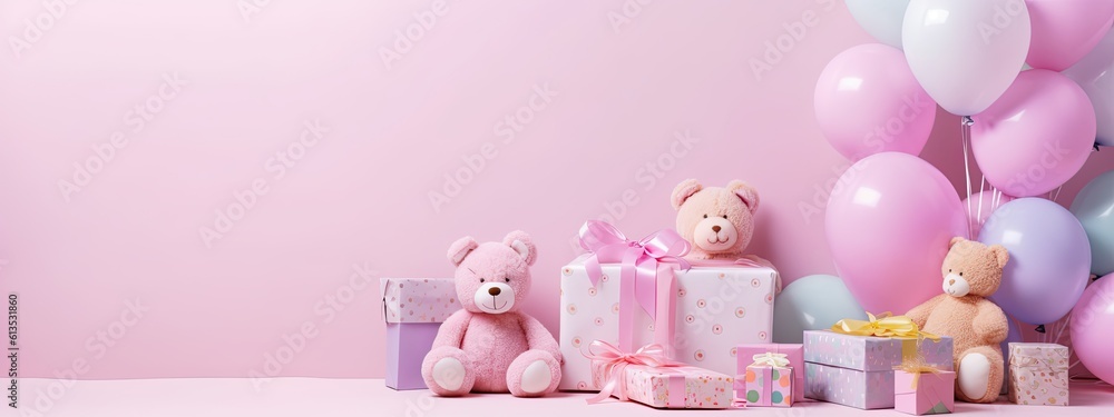 Poster various present boxes with bows and soft teddy bears near inflatable balloons in corner