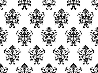 Damask digital paper seamless floral pattern. Black Flowers on a white background. Luxury Royal Wallpaper.