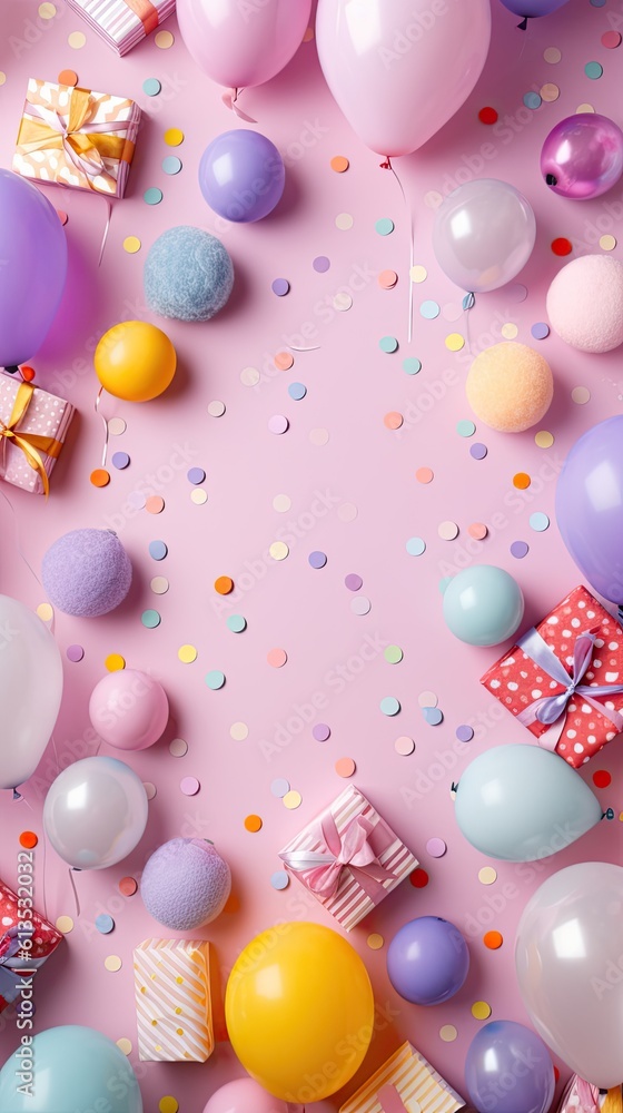 Poster festive composition with multi-colored balloons and paper present boxes with scattered confetti