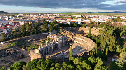 aerial view of old Roman Theatre of Merida spanish cultural icon landmark in Spain - obrazy, fototapety, plakaty