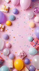 Festive composition with multi-colored balloons and paper present boxes with scattered confetti