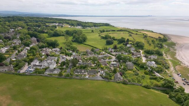 Aerial drone video of the village Silverdale at the Morecambe Bay, England. 