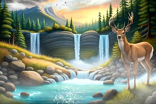 landscape with deer and waterfall