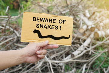 Close up hands holds paper card with words BEWARE OF SNAKES! at pile of wood in garden. Concept, sign and notice to warn about danger area that can be bitten by snakes. Avoid to be risk area