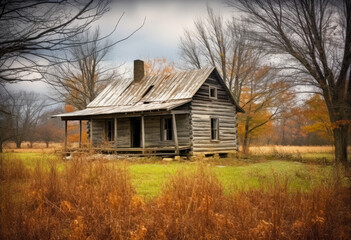 Fototapeta premium An old abandoned cottage in a grassy plain