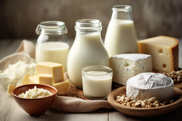 Obraz na płótnie Canvas Generative AI - Different milk products in rustic style: cheese, milk, yogurt, cream, butter