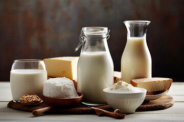 Generative AI - Different milk products in rustic style: cheese, milk, yogurt, cream, butter