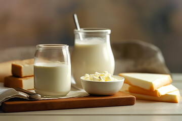 Obraz na płótnie Canvas Generative AI - Different milk products in rustic style: cheese, milk, yogurt, cream, butter