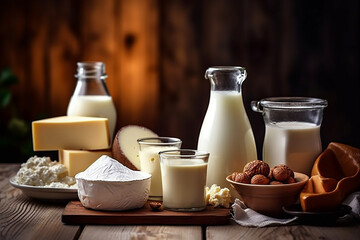 Fototapeta na wymiar Generative AI - Different milk products in rustic style: cheese, milk, yogurt, cream, butter