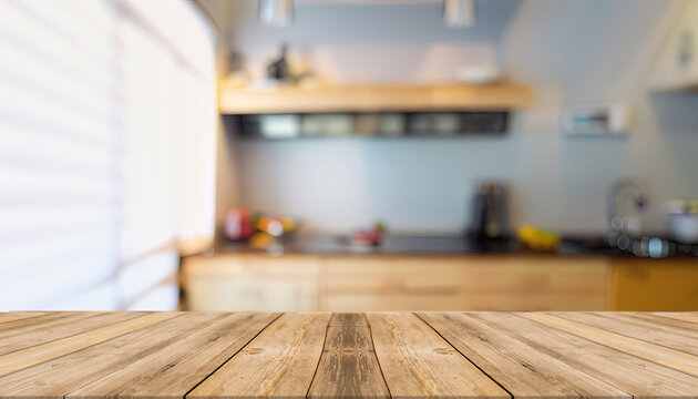 Empty tabletop over defocused kitchen with copy space background for Empty show for packaging product presentation, Wood table top on blur kitchen window background, montage product display or design,