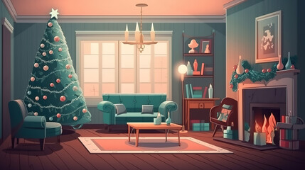 Christmas interior with traditional red poinsettia flower. Generative Ai