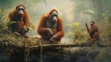 Family of wild orangutans in the jungle. Generative AI