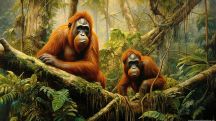 Obraz premium Family of wild orangutans in the jungle. Generative AI