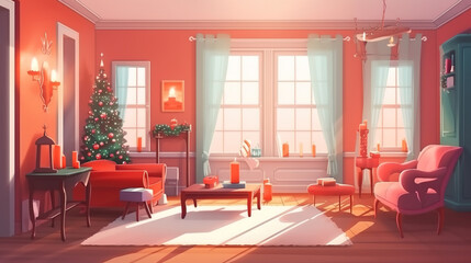 living room with a Christmas tree at night. Generative Ai