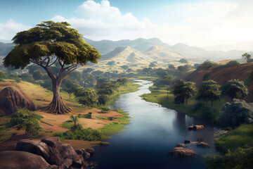 Cameroon landscape with river and hills. Generative AI Art. Beautiful view.