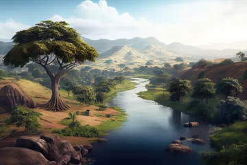 Rolgordijnen Cameroon landscape with river and hills. Generative AI Art. Beautiful view. © Sci-Fi Agent