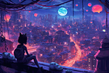 Cartoon illustration of young witch with her candles, cat, pumpkin in a neon furutist landscape