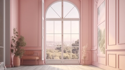 Fototapeta na wymiar Window in room with surreal and mystical view. Generative Ai