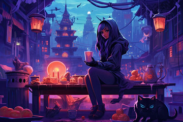 Naklejka premium Cartoon illustration of young witch with her candles, cat, pumpkin in a neon furutist landscape